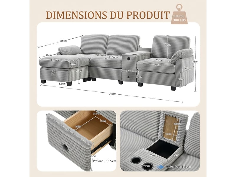 Canapé 3 places gris clair en velours côtelé avec usb-c 266 cm et ottomane de rangement mobile - Conforama C