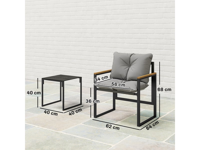  Salon de jardin 3 pcs avec 2 fauteuils 1 table basse, plateau en verre trempé et coussins, gris  - Conforama E
