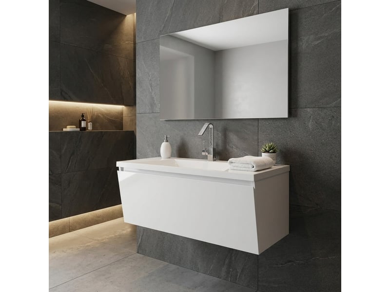  Meuble de salle de bain suspendu avec lavabo en marbre minéral, meuble bas suspendu 1 porte  - Conforama B