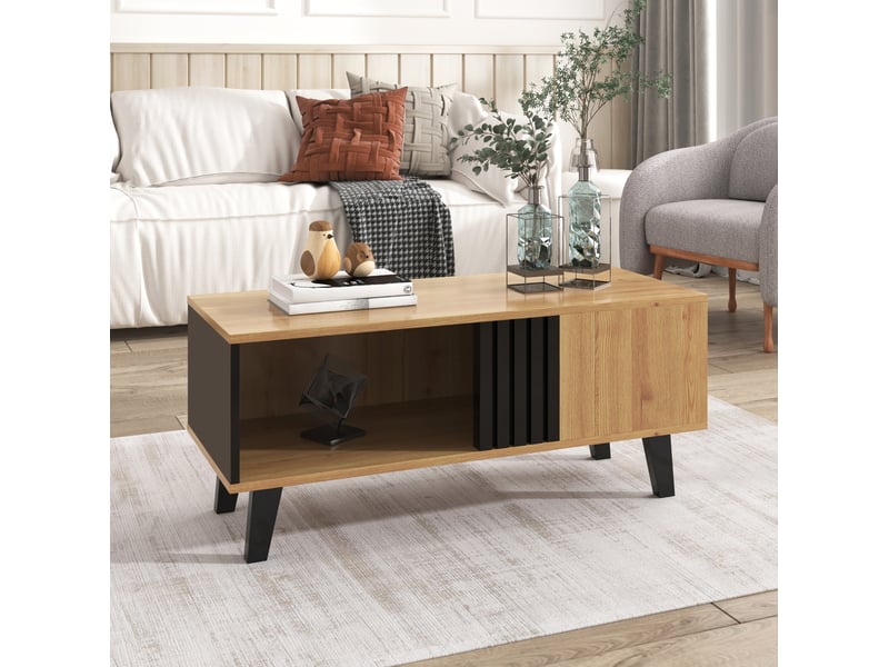  Table basse 100x60x45 cm avec tiroirs panneau de particules noir et bois  - Conforama B