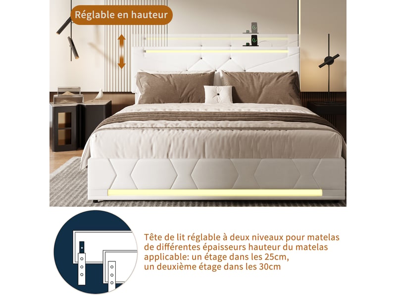  Kefsr lit coffre 140x190 cm avec sommier et led, lit adulte 2 places en tissu lin beige avec rangement, tête de lit réglable et prises usb  - Conforama W