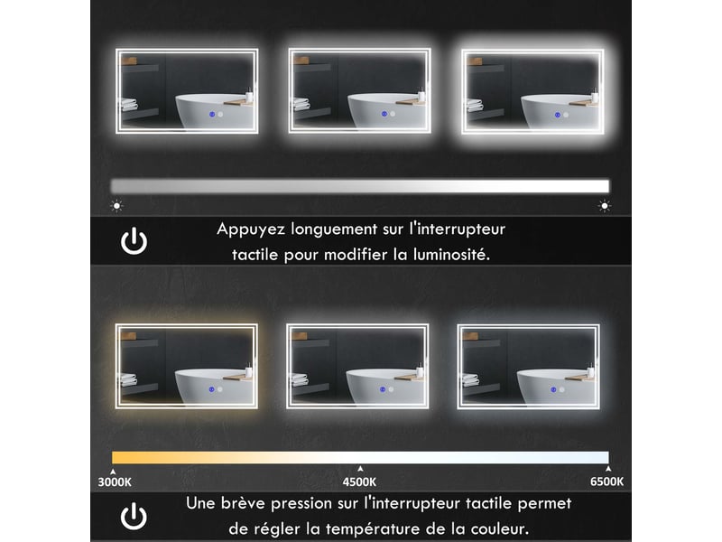  Miroir de salle de bain rectangulaire mural lumineux led ou horizontal vertical, 100 x 60 cm  - Conforama E