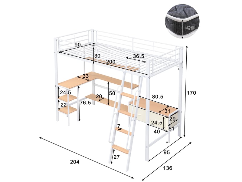  Lit mezzanine 90x200 cm avec bureau, lit surélevé pour chambre d'enfant avec étagère et 2 bacs de rangement, métal et mdf avec échelle inclinée, blanc  - Conforama E