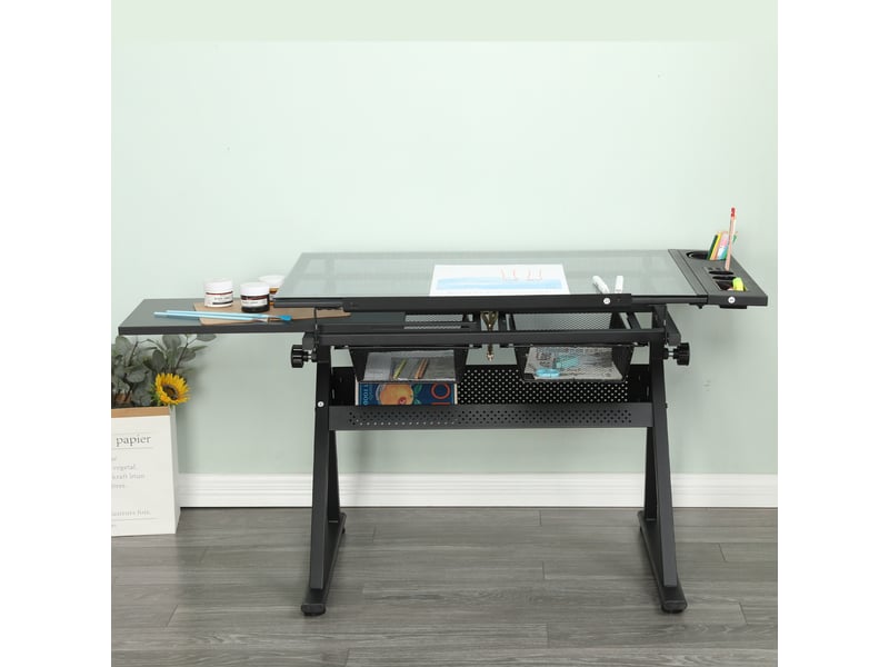  Table de dessinimpression en verre trempé réglable, noir, 98x60 cm, mdf + métal, design moderne, rangement pratique  - Conforama E