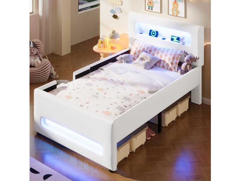  Lit enfant 90x200cm, escaliers, tiroirs, bandeaux led et espace de rangement, design confort, mdf, pu blanc sans matelas  - Conforama R
