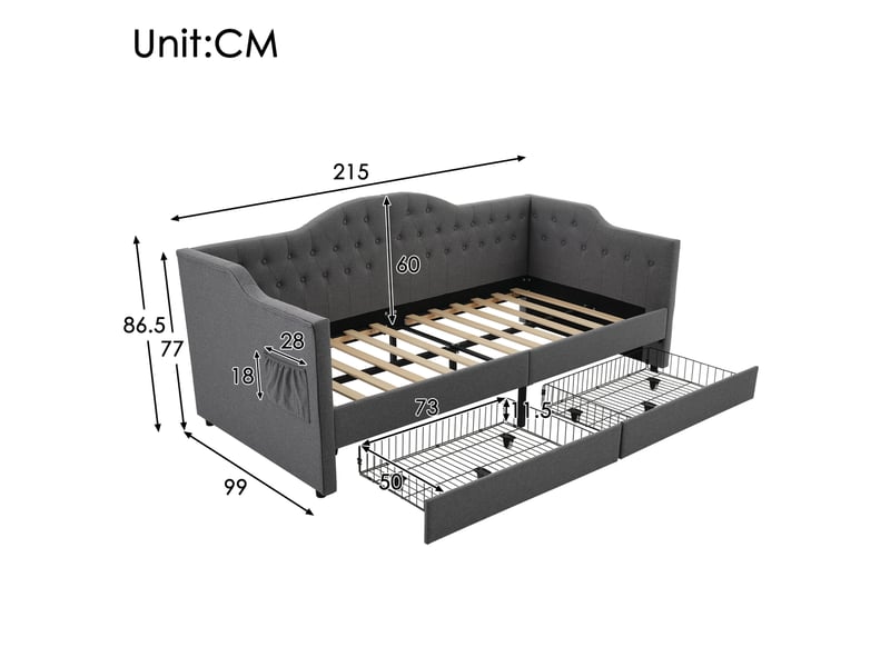  Modenvie lit de jour 90x200 cm - avec 2 tiroirs, ports usb et usb-c, sans matelas - gris  - Conforama C