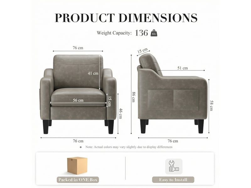  Fauteuil d’appoint moderne en pu style mid-century avec rangement latéral – confort ergonomique pour salon et bureau,gris  - Conforama C