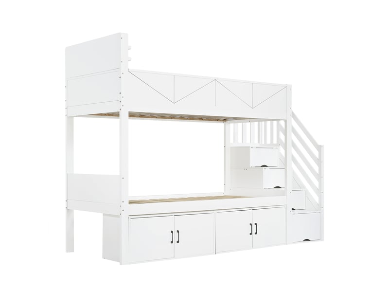  Lit superposé 90×200cm avec escaliers et casiers de rangement, lit enfant avec barrière stable, blanc  - Conforama A