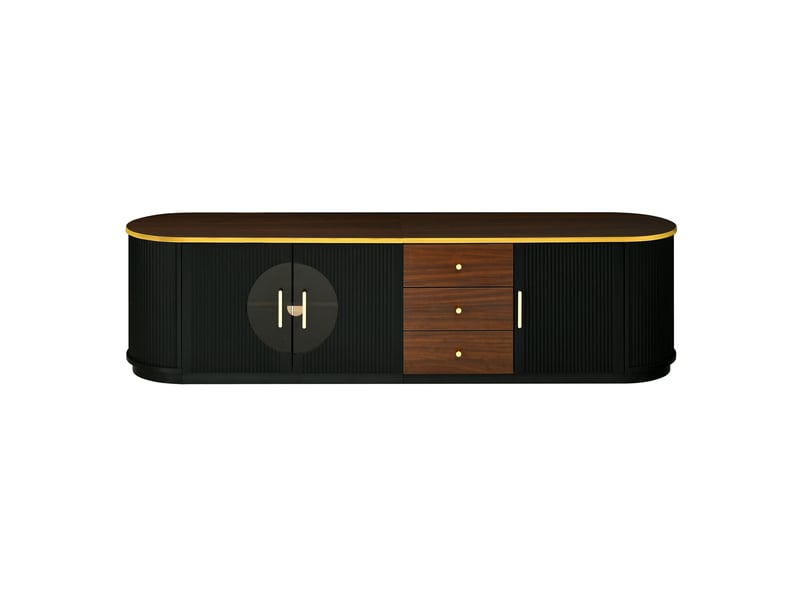  Meuble tv avec 3 tiroirs, 3 portes, passe-cables integre, mdf noir et verre brun, 180x40x46 cm  - Conforama E