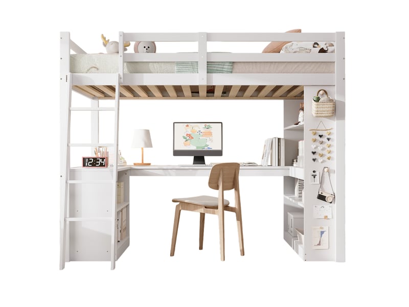  Lit mezzanine enfant 90x200 cm avec rangement, tablette d’angle, échelle inclinée, bois et mdf, blanc sans matelas  - Conforama A