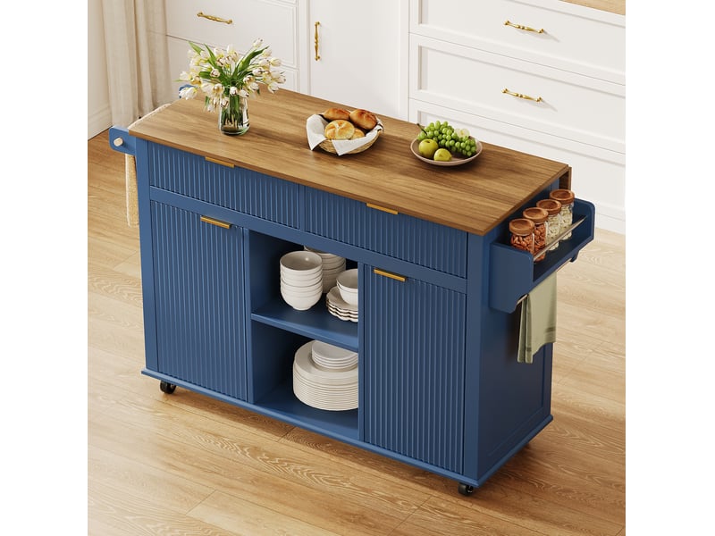  Desserte de cuisine 143x45x89,5 cm bleu et marron avec plateau rabattable  - Conforama E