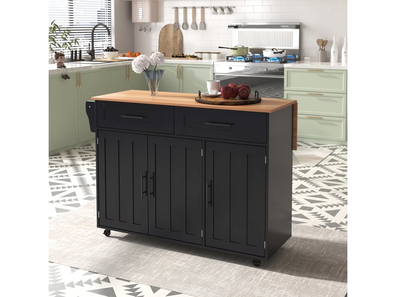  Desserte de cuisine 129x46x91,5 cm plateau pliant mdf noir et naturel  - Conforama C