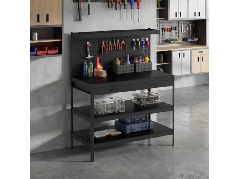  Établi d'atelier noir avec étagères réglables, panneau perforé, 2 tiroirs, station de travail robuste 122x61x156 cm pour garage  - Conforama C