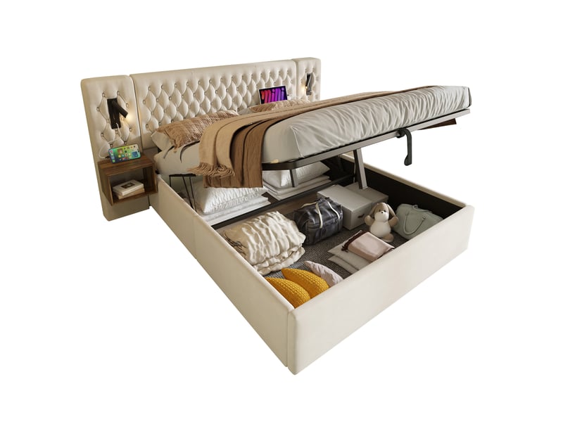  Ensemble lit double 180×200 cm avec 2 chevets, rangement hydraulique, beige  - Conforama D