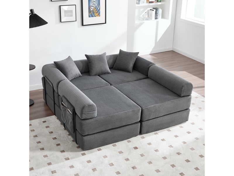  Canapé d'angle modulable 4 places en velours côtelé, canapé convertible avec coffre de rangement et poches latérales - gris foncé  - Conforama C