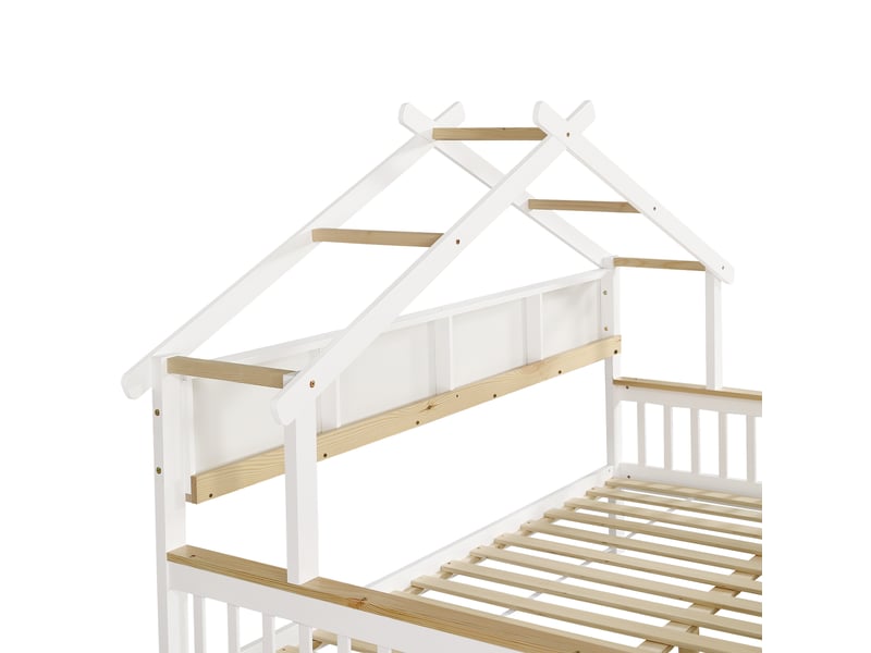  Lit cabane enfant, lit 2 places avec 2 tiroirs, barrières et étagère, 140x200 cm, sans matelas, blanc et naturel  - Conforama E