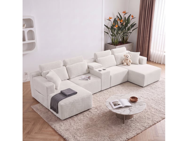  Canapé d’angle modulaire en u 373x151x81 cm compressé, porte-gobelets, mousse,  velours côtelé couleur blanc  - Conforama D