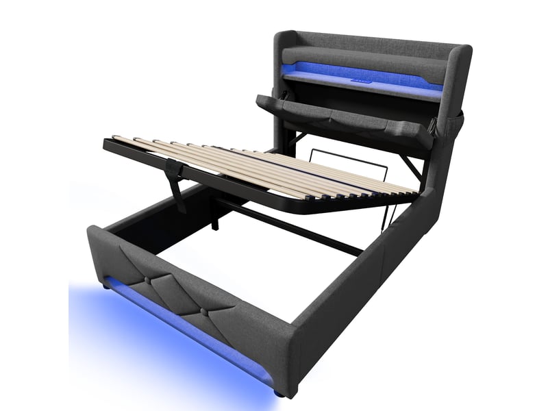  Lit coffre enfant 90x200 cm avec led télécommande, ports usb et type-c, en lin, gris, matelas inclus  - Conforama E