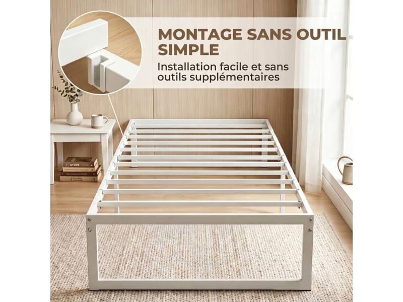  Cadre de lit 90x200 en métal blanc sans tête de lit - montage facile, espace de rangement 28 cm  - Conforama E