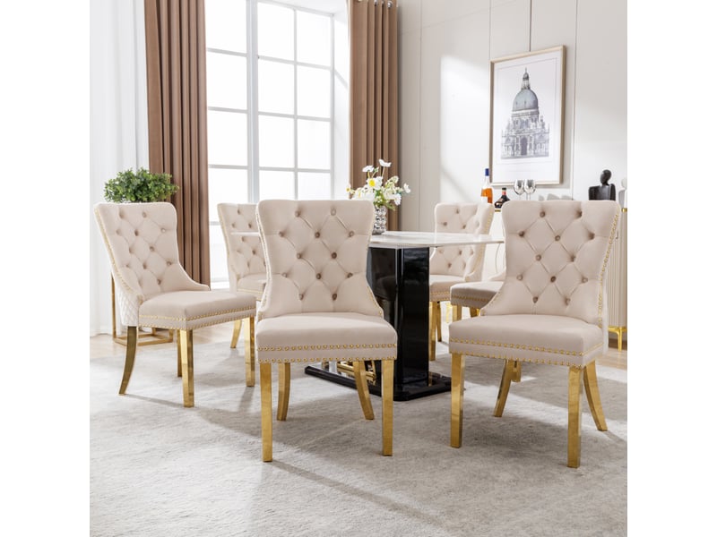  Lot de 6 chaises de salle à manger 65.5x51x95 cm, dossier doux, anneau décoratif arrière, velours, métal, beige, doré  - Conforama D