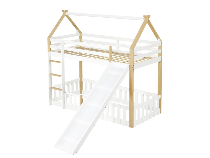  Lit superposé enfant 90x200 cm, toboggan, espace de jeu, toit, 1 sommier, structure mdf, blanc naturel, sans matelas  - Conforama E