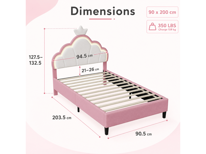Lit capitonné 90 x 200 cm, lit enfant avec sommiers à lattes et dossier,cadre de lit pour fille, lit enfant 90x200 cm, lumière led, lit fille avec tête de lit réglable en hauteur, décor couronne, lit rembourré enfant, 1 person… - Conforama R