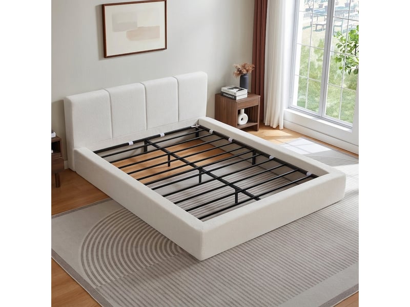Cadre de lit 160x200 avec tête de lit capitonnée, structure en acier renforcé, lit double blanc crème - Conforama C