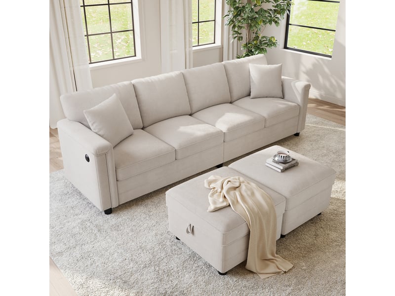  Canapé d'angle convertible 6 places en chenille beige, 261 x 134 x 82 cm, forme en u, avec rangement, ports usb et usb-c, agencement modulable CARDUME ESTIVAL - Conforama E
