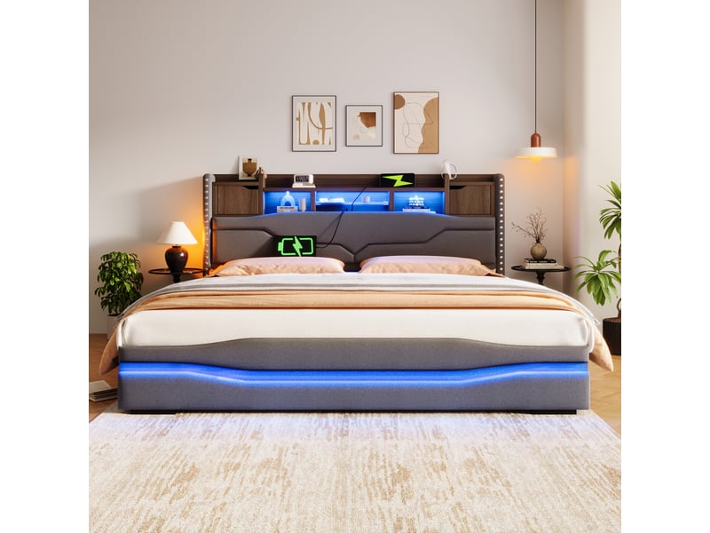  Lit coffre hydraulique 180x200 cm doté d'une tête de lit avec rangement, led, usb-c, prise intégrée, éclairage d'ambiance, lit double en tissu lin - gris  - Conforama C