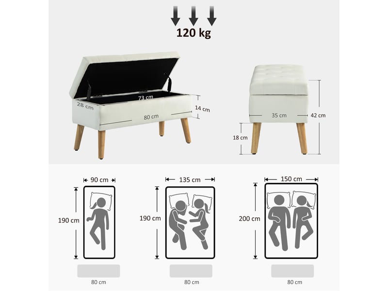  Banc de rangement coffre de rangement tissu effet velours pieds en bois 80 x 35 x 42 cm charge max. 120 kg, crème  - Conforama C