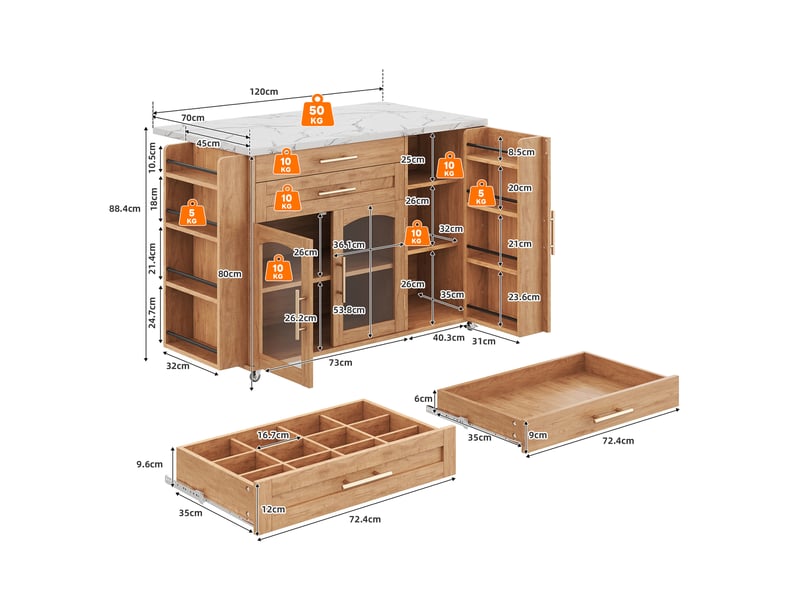  Desserte de cuisine avec plateau rabattable, 2 portes, 2 tiroirs et 5 roulettes, effet bois naturel, 120 × 45 × 90 cm  - Conforama D