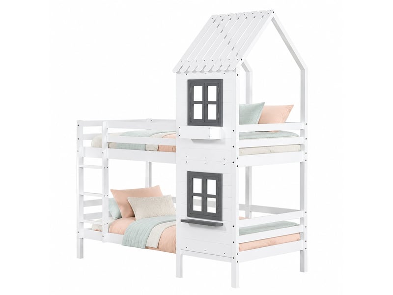 Lit superposé enfant 90x200 cm, barrières de sécurité, fenêtres, design cabane, bois et mdf, blanc - Conforama A