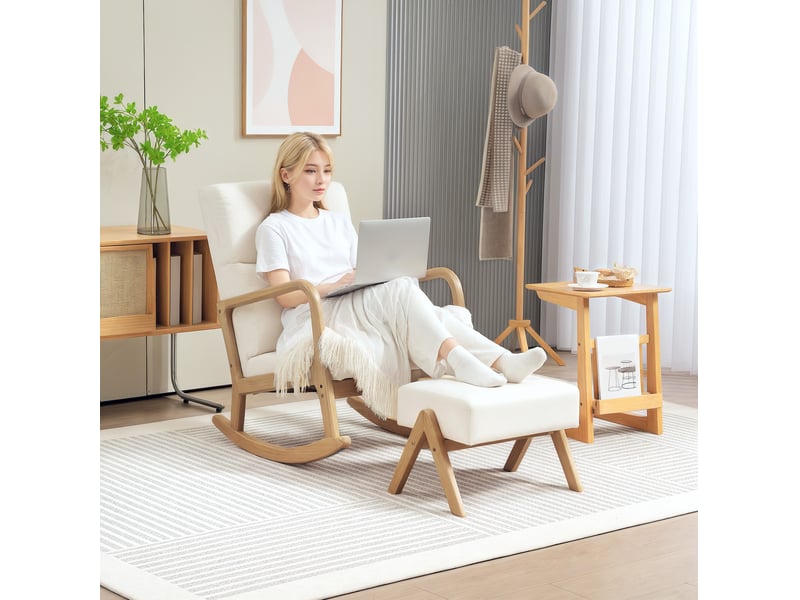  Fauteuil à bascule avec repose-pieds 96 x 65 x 94,5 cm blanc crème polyester, balancement 35 degrés  - Conforama B