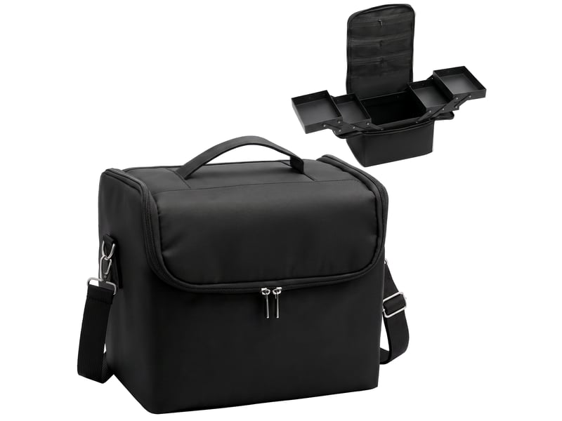  Trousse de maquillage avec 4 compartiments amovibles, bandoulière et poignée, noire  - Conforama A
