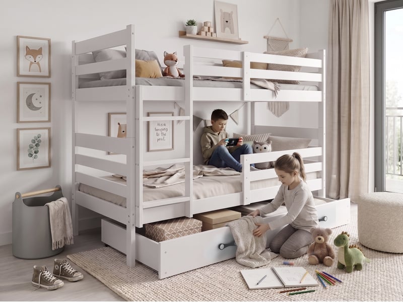  Lit superposé séparable 90x200 cm eric interbeds - bois massif de pin avec barrière, sommier et tiroir - blanc  - Conforama D