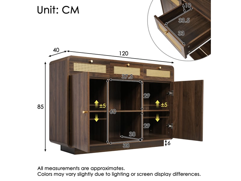 Buffet bahut salon salle à manger, 2 portes, 3 tiroirs, étagères réglables, grand rangement, 120x40x85 cm - noyer - Conforama C