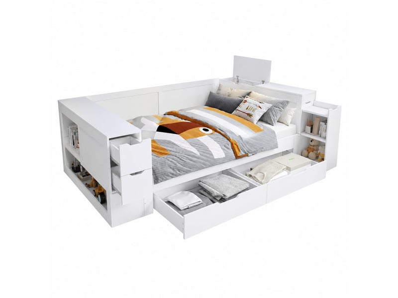 Lit 140x190 cm en mdf avec tiroirs et rangement blanc chicfurn  - Conforama A