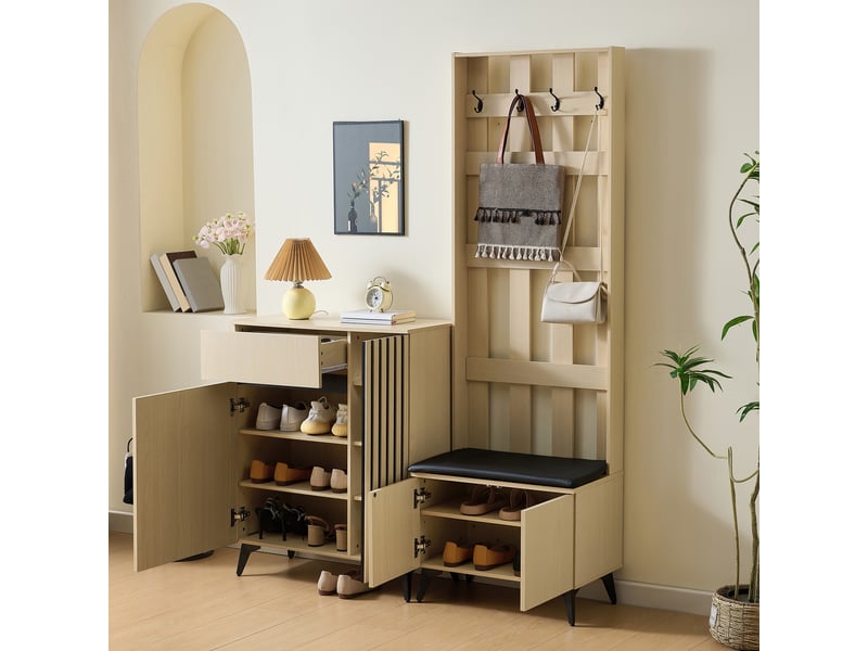  Vestiaire d'entrée - 135x35x179.5cm - buffet meuble à chaussures avec banc assise, patères - bois clair  - Conforama B