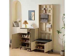Vestiaire d'entrée - 135x35x179.5cm - buffet meuble à chaussures avec banc assise, patères - bois clair