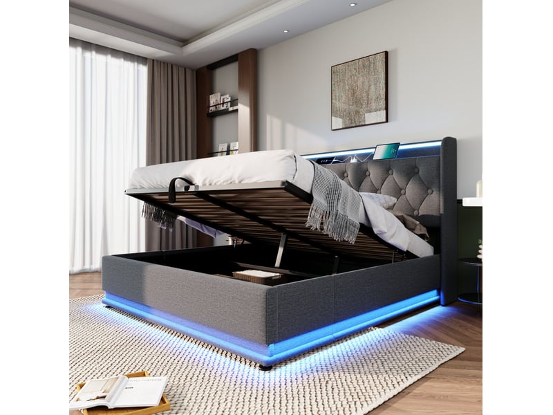  Lit coffre 160x200 avec led 360°, usb-c et télécommande, gris evryae  - Conforama B