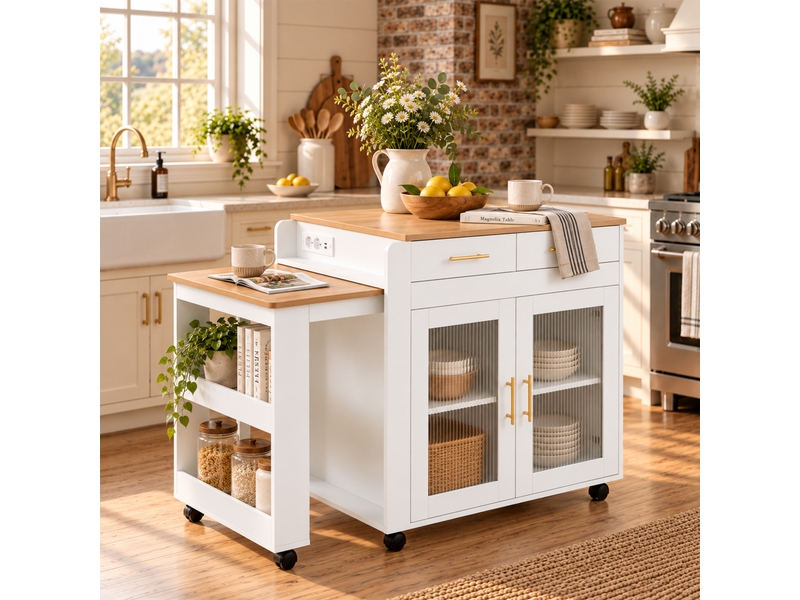 Îlot de cuisine extensible blanc, table 2–4 places, rangement, prises usb-ac  - Conforama B