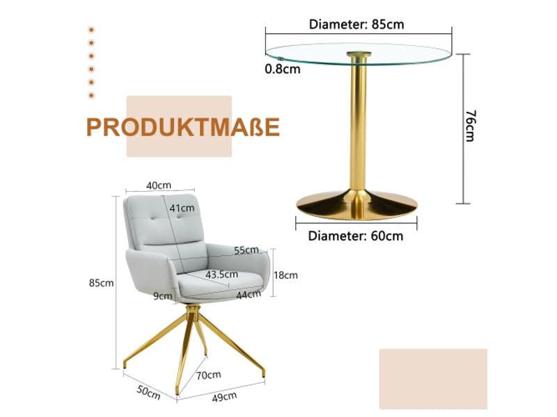  Ensemble table ronde en verre trempé ø85 cm, piètement métallique, 4 chaises pu gris clair pivotantes 360°  - Conforama C