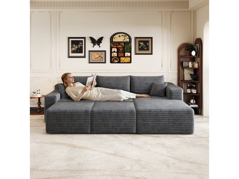  Canapé d'angle 5 places en l gris foncé, canapé 241 cm en velours côtelé, assise profonde et confort moelleux pour le salon  - Conforama D