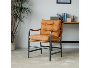 Fauteuil avec accoudoirs et dossier rembourré pour salon, style milieu du siècle en cuir synthétique et métal marron