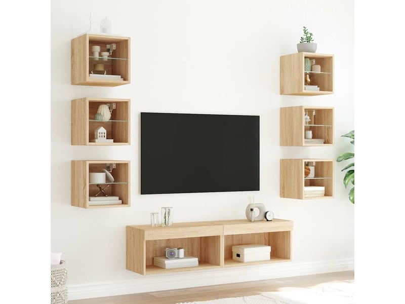  Unités murales tv avec led 8 pcs chêne sonoma bois d'ingénierie shl18398  - Conforama C