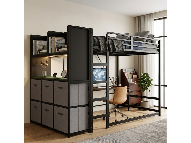 Lit mezzanine 120x200 en métal noir avec échelle, rangements latéraux, étagère éclairée - Conforama E