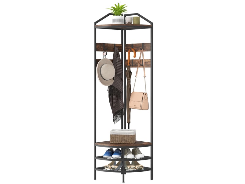  Meuble d'entrée d'angle, vestiaire à 4 niveaux, rangement pour chaussures, 8 patères mobiles, 2 étagères, brun rustique  - Conforama B