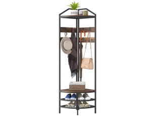 Meuble d'entrée d'angle, vestiaire à 4 niveaux, rangement pour chaussures, 8 patères mobiles, 2 étagères, brun rustique