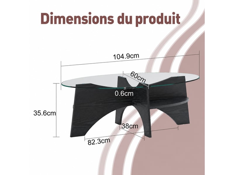  Table basse ovale moderne – plateau en verre de sécurité – mdf noir aspect bois – 104,9 x 60 x 35,6 cm  - Conforama D