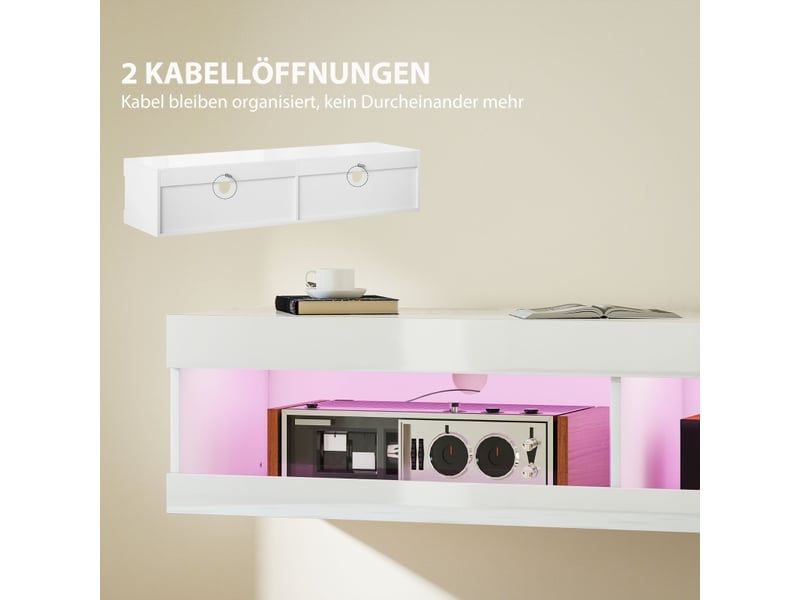  Meuble tv mural avec 2 niches de rangement led rgb pour salon 140×40×30 cm en bois blanc brillant  - Conforama D